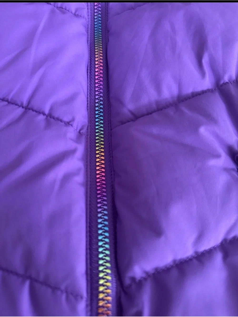 Children's Purple Hooded Puffer Jacket with Rainbow Zippers